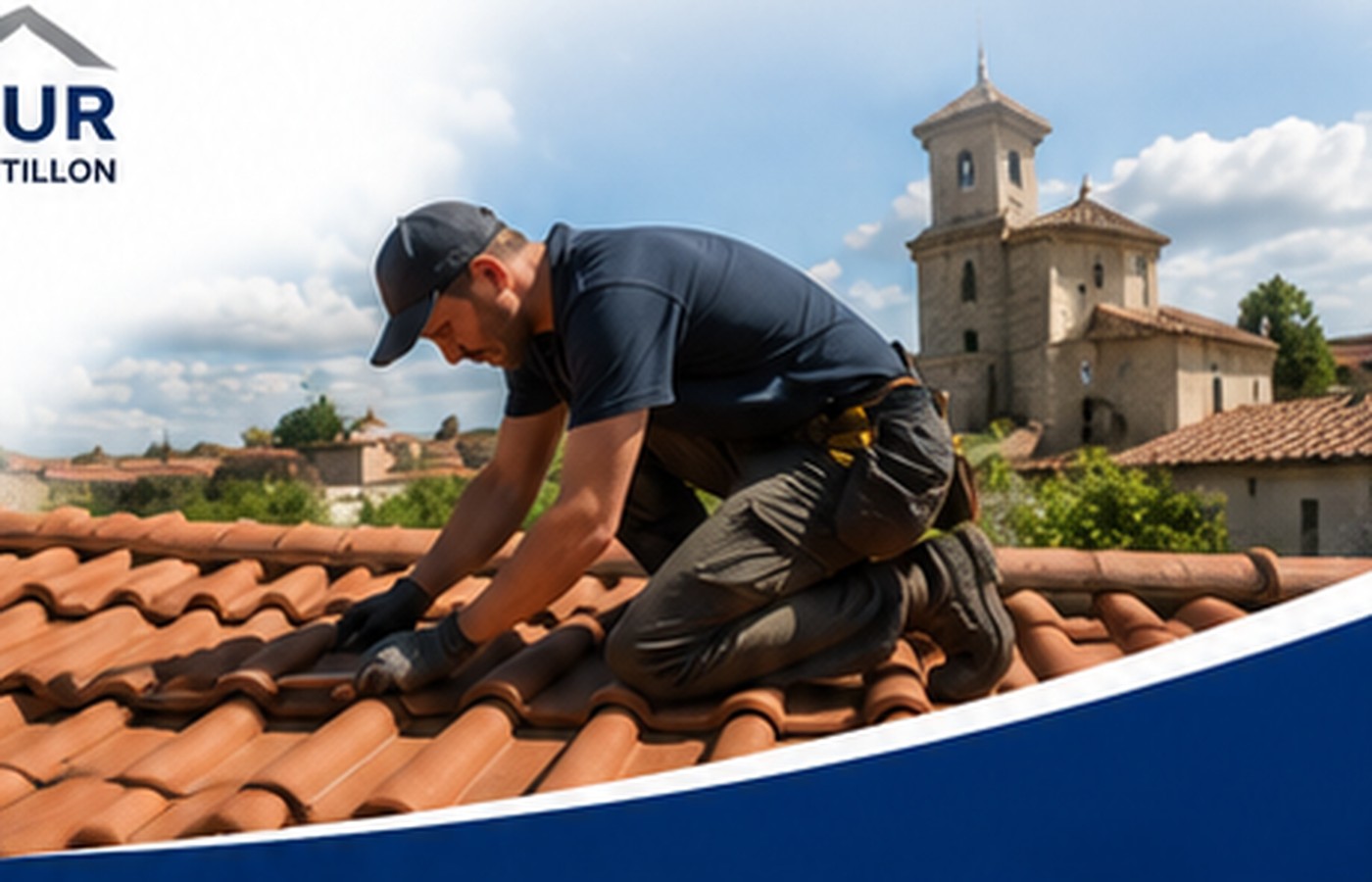 Couvreur professionnel travaillant sur une toiture à Saint-Magne-de-Castillon